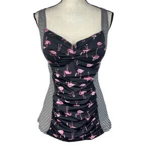 Torrid SZ 0 (Large) Tankini Swim Top Flamingos Striped Push-Up Padded Ruched